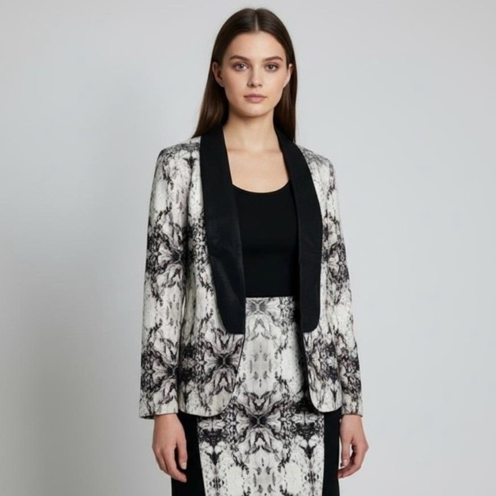 krisa Women's Black White‎ Marble Print Collarless Blazer Jacket Size M